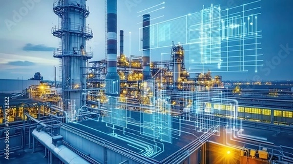 Fototapeta Modern industrial facility with digital overlay and energy production elements.