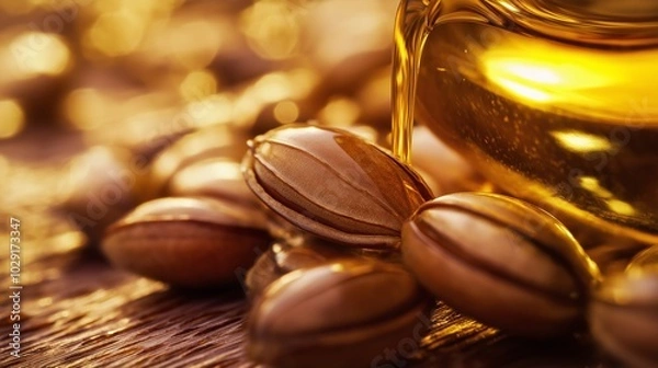 Obraz Organic jojoba seeds displayed with golden oil