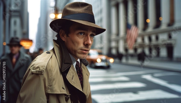 Fototapeta Secret agent in a trench coat tailing a target in a 1960s urban setting