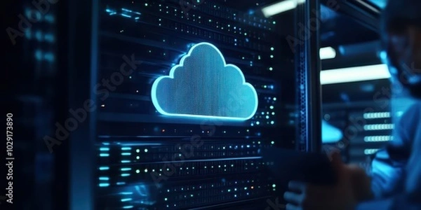 Fototapeta IT team deploying a new cloud solution for a company, configuring settings and monitoring server health.