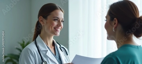 Fototapeta Doctor with a document and nurse in dialogue.