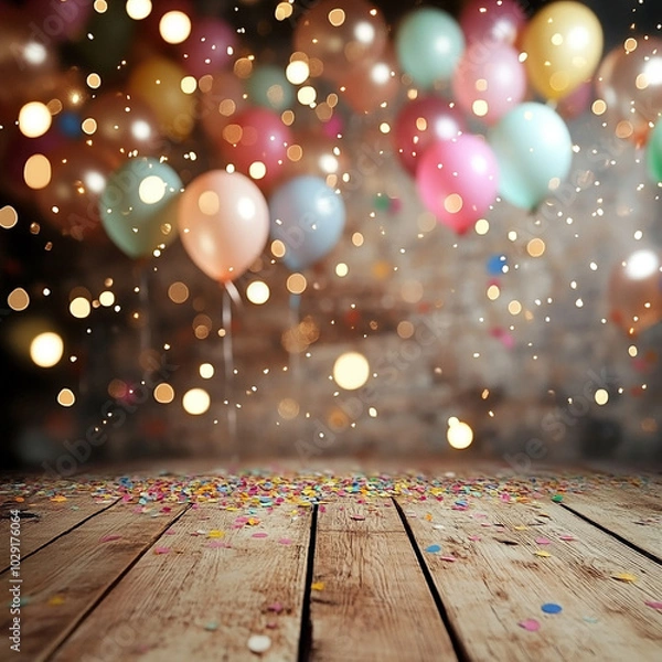 Fototapeta whimsical birthday party scene floating balloons and confetti blurred fairy lights empty wooden table in foreground dreamy atmosphere