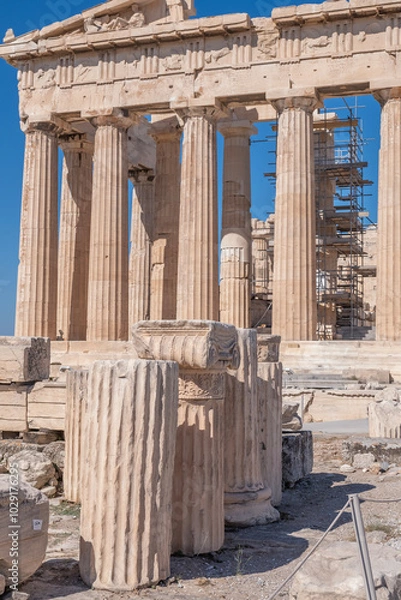 Fototapeta greece capital athens and acropolis ancient artifacts touristic points of interest daytime and sunset light
