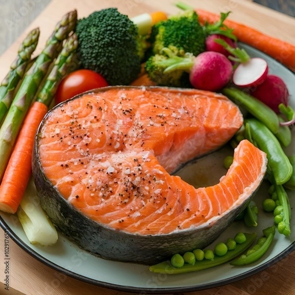 Fototapeta salmon steak with vegetables,generative ai
