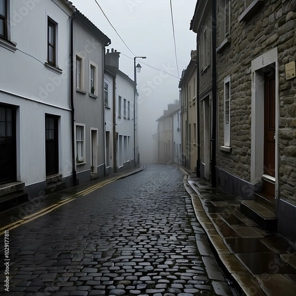 Obraz Misty Coastal Village Street – Cobblestone Path in an Isolated, Foggy Landscape