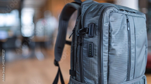 Fototapeta Stylish grey backpack featuring a built-in charging port, designed for the modern traveler or commuter, photographed in a sleek indoor environment.