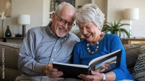 Fototapeta Happy elderly couple enjoying a photo album together at home.