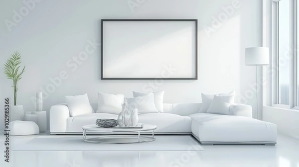 Fototapeta Modern white living space with a mockup frame above contemporary furniture, designed for a clean, sleek, and sophisticated look.