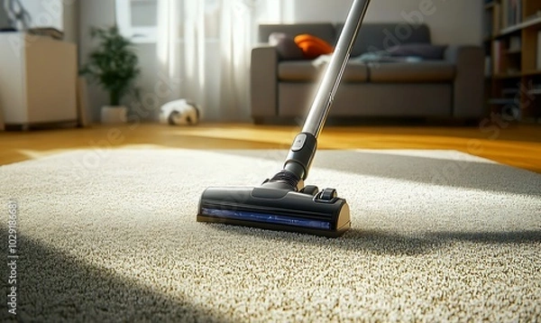 Fototapeta Modern Vacuum Cleaner in Action on Soft Carpet in Bright Home Interior Ideal for Cleaning, Home Maintenance, and Hygienic Living Concepts, generative ai
