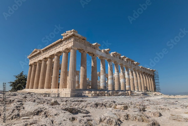 Fototapeta greece capital athens and acropolis ancient artifacts touristic points of interest daytime and sunset light