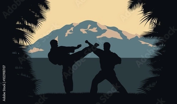 Fototapeta Illustration, two men occupy karate on a background an ocean and mountains.
