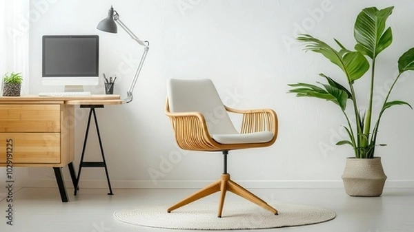Fototapeta A modern workspace featuring a stylish chair, wooden desk, computer, and greenery, creating a fresh and inviting atmosphere.