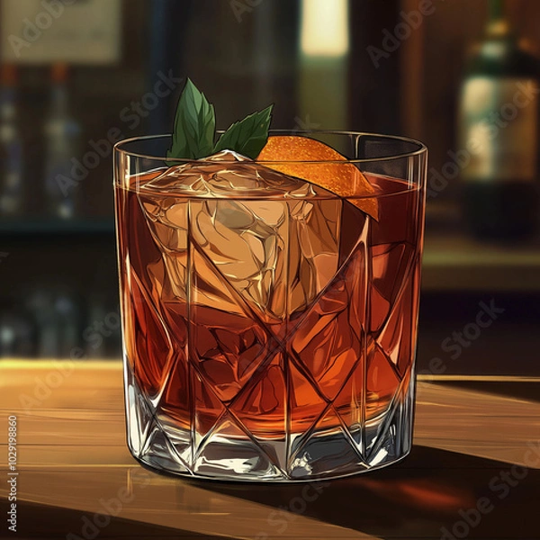 Obraz Godfather Cocktail in Crystal Glass with Ice - Cartoon-Style Anime Illustration