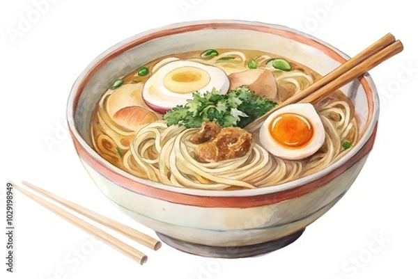 Fototapeta Watercolor hand drawn ramen noodles on a white background