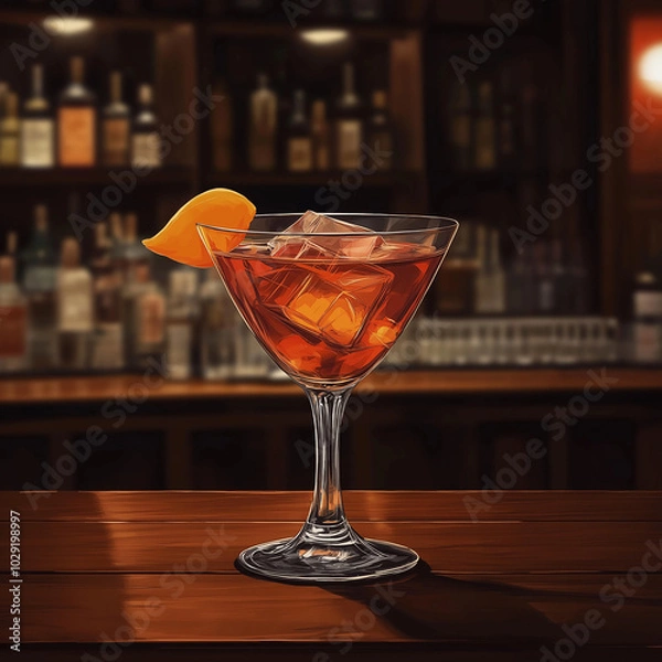 Obraz Anime-Style Godfather Cocktail with Ice and Orange Garnish in Low-Light Bar Setting