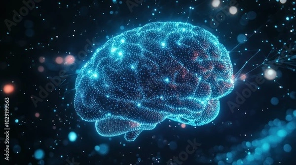 Fototapeta A glowing, digital representation of a human brain with connected nodes and a bokeh effect.