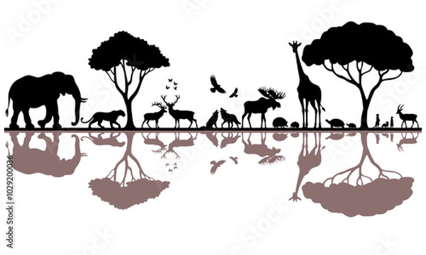 Fototapeta Silhouettes of various animals in Savannah African landscape scene Seamless tropical background vector Isolated on transparent background.