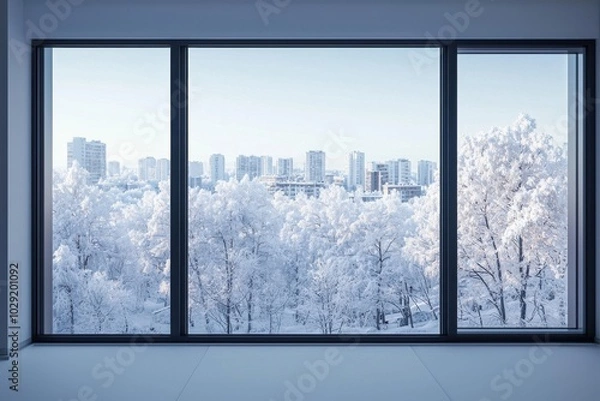 Fototapeta A serene winter scene viewed through large windows, showcasing snow-covered trees and a city skyline in the background.