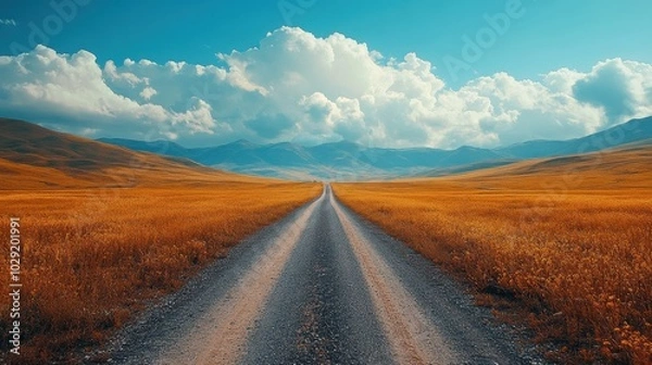 Fototapeta Endless Dirt Road through Expansive Field, winding pathway leading into horizon, surrounded by lush greenery and open skies