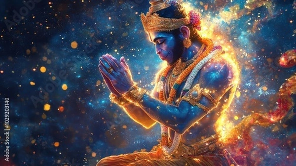 Fototapeta A vibrant digital art of Lord Hanuman bowing before Lord Rama, with glowing effects highlighting his devotion and the epic energy of the scene, surrounded by rich blues and golds