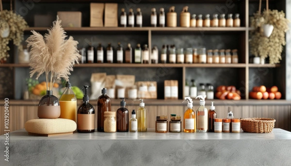 Fototapeta Cosmetics on a minimalist display podium in a beige perfume store environment