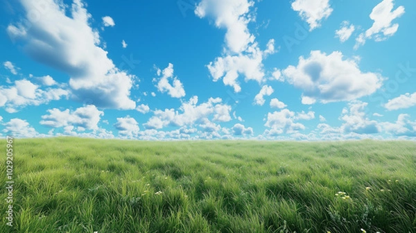 Obraz Beautiful grassy field with a blue sky and white clouds in the background. The green meadow is seen from above, creating an endless horizon.