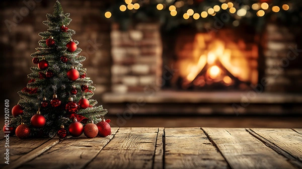 Fototapeta A Christmas tree with red ornaments and bokeh lights on a wooden table in front of a blurred fireplace background, a banner for product display presentation