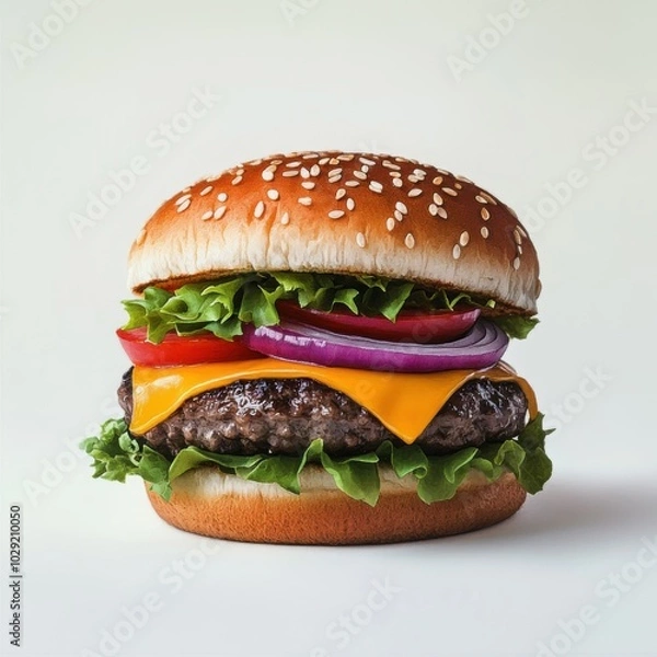 Fototapeta An American cheeseburger with lettuce, tomato and red onion on a white background. It consists of a well-done oval patty and half a seedless bun. A thin slice of cheddar cheese melts over the patty.