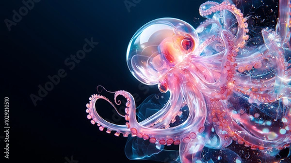 Fototapeta Glowing Octopus: A Surreal Underwater 3D Render