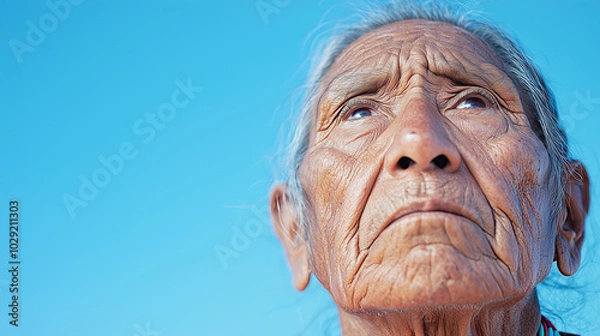 Fototapeta Close-up Portrait of an Elderly Native American Man Looking Up at the Sky