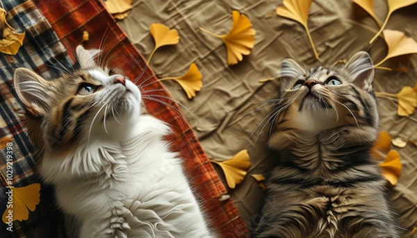 Fototapeta Cute kittens enjoying an autumn picnic on a blanket, gazing upwards