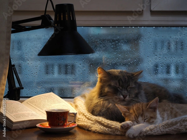 Fototapeta Cats sleeping in the window. Outside, rain, water drops on the glass. Twilight, included a desk lamp. It should be a cup with a drink, it is an open book. Cozy and warm 