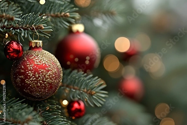 Fototapeta A tree with red and gold ornaments hanging from it