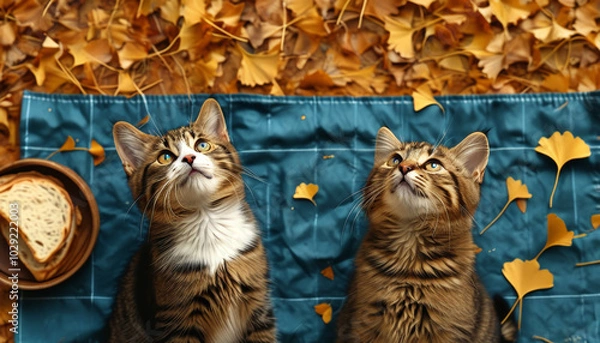 Fototapeta Cute kittens enjoying an autumn picnic on a blanket, gazing upwards