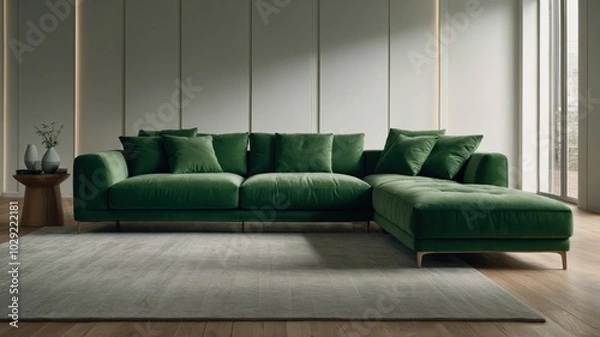 Fototapeta A stylish green sectional sofa in a spacious, minimalist living room with large windows, neutral walls, and natural lighting.
