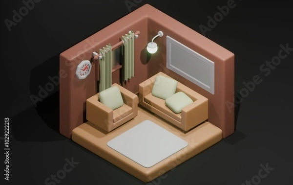 Fototapeta living room 3d isometric with white mock up frame, court, pillow, window, curtain, wall clock, carpet. cute object.