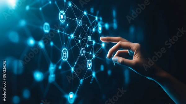 Obraz A person interacting with a digital health interface featuring various health metrics and data visualizations in a futuristic setting