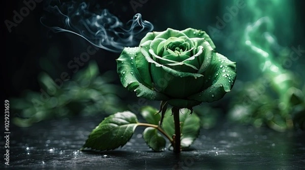 Fototapeta Aclose-up of a single green rose surrounded by wisps of light green smoke against a dark background,