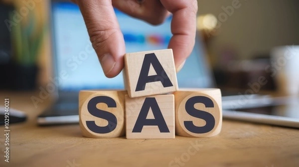 Fototapeta A hand is holding up a stack of wooden blocks with the letters A, S, and S