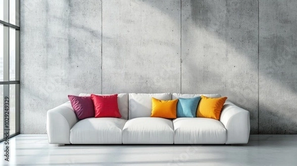 Fototapeta Concrete wall in a minimalist loft living room, with a vibrant white sofa and colorful pillows