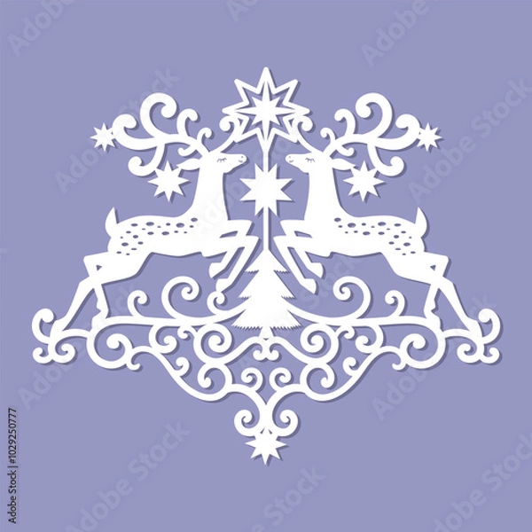 Obraz New Year or Christmas composition with deer, Christmas tree and star. Template for laser cutting from paper, cardboard, wood, metal. For the design of Christmas and New Year decorations, interior, pos