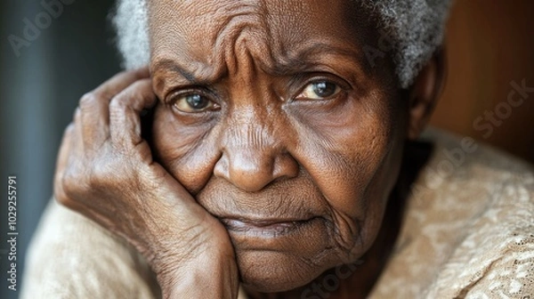 Fototapeta Reflective portrait of an elderly black woman conveying deep emotion against a soft, neutral background