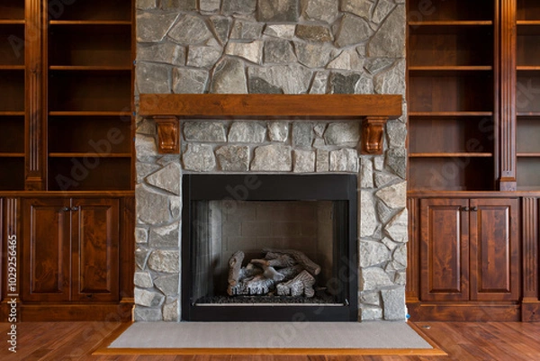 Obraz Elegant Stone Fireplace With Wooden Bookshelves Design