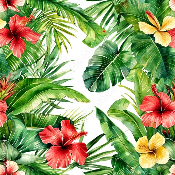 Fototapeta Vibrant tropical flowers and lush greenery create a refreshing summer paradise