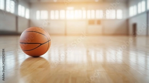 Fototapeta Closeup view of a basketball resting on the polished wooden floor of a basketball court with blurred background elements