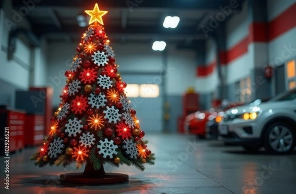 Obraz Decorative Christmas tree made car gears and spruce branches different sizes,golden star burns on top,tree decorated with garland with lights. Car repair shop blur.Creative concept,advertising banner