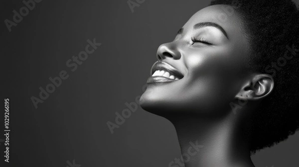 Obraz Joyful side profile portrait of a black woman with a gentle smile captured in black and white minimalistic lighting