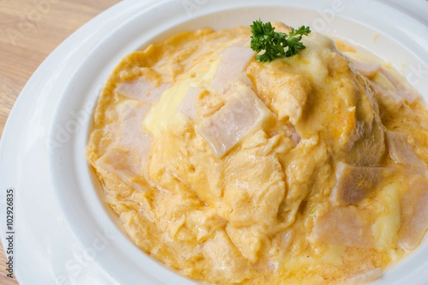 Obraz Creamy Omelet with Bacon and Cheese on Rice