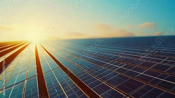 Fototapeta Aerial view of a solar farm in the middle of an autumn landscape, with rows of solar panels stretching towards the horizon