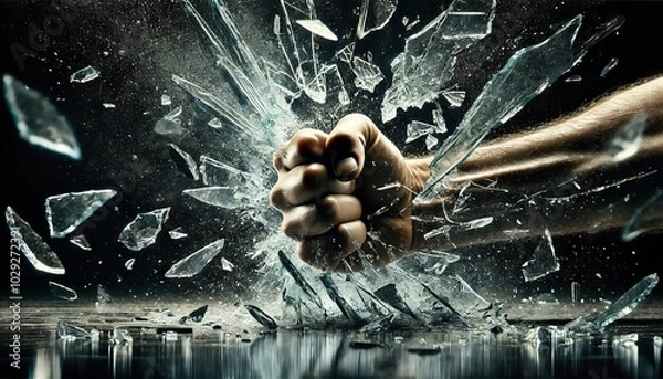 Fototapeta Fist Smashing Through Shattered Glass, Capturing the Moment of Impact with Flying Shards, Symbolizing Power, Strength, and Destruction